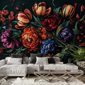 Dunkle Blumen Tapete, Große Blumen Wandbild, Vintage Botanische Wanddeko, Abziehbare Florale Kunst, Maximalistische Tapete