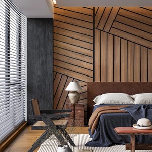 Geometrische Holzpaneel-Tapete - Moderne Holzlatten-Wandverkleidung mit abstrakten Mustern für Wohnzimmer, Büro Schlafzimmer oder Akzentwänd