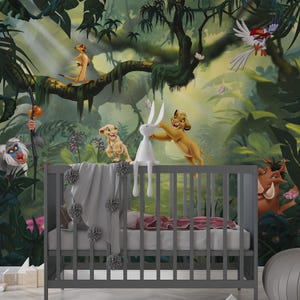 Animali carini nella foresta tropicale, murale dei cartoni animati per la stanza dei bambini, personaggi dei cartoni animati nella carta da parati della giungla, il re leone e i suoi amici