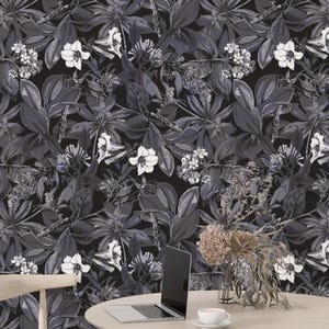 Black and White Botanical Wallpaper, Monochrome Floral Peel and Stick