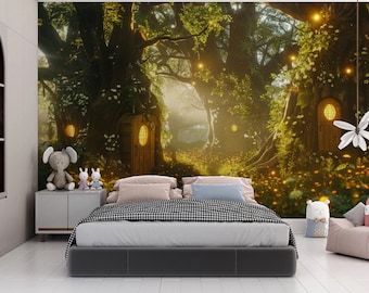 Enchanted Forest Wall Mural, Whimsical Fairy Tale, Peel and Stick Art