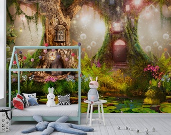 Fairy Tale Forest Wall Mural, Whimsical Kids Nursery Decor, Peel and Stick Wallpaper