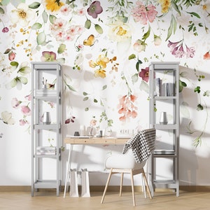 Papier Peint Floral Aquarelle, Fresque de Fleurs Suspendues, Revêtement Mural Amovible et Autocollant pour Chambre et Salon