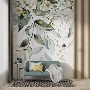 Removable Soft Leaves Living Room Wallpaper, Boho Eucalyptus Leaf Peel and Paste Wallpaper Tropical Leaves Hanging Down , Green Soft Mural