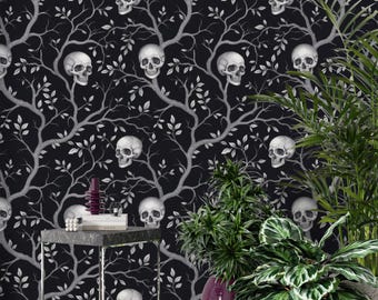 Gothic Skull Wallpaper, Dark Tree Branch Mural, Self-Adhesive
