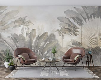 Banana Leaf Wallpaper Mural, Beige Tropical Rainforest, Peel and Stick