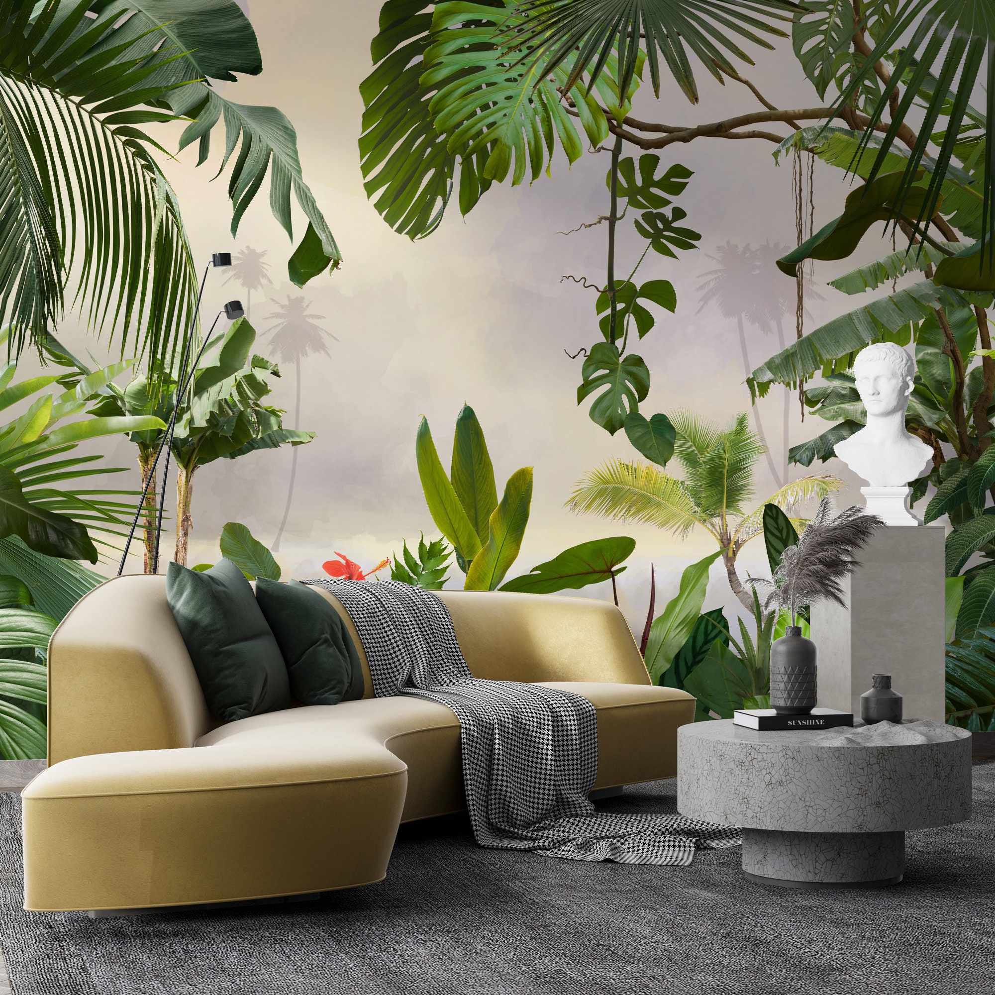 Rainforest Living Room Wallpaper , Tropical Leaves and Forest Living