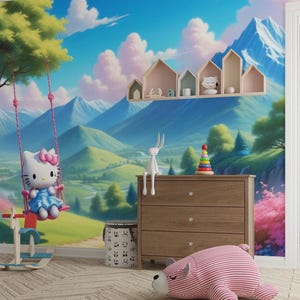 Cute Cartoon Mountain Wallpaper, Pastel Spring Meadow Wall Mural with Flowers, Hello Style Swing Scene, Nursery Girl Room Wallpaper