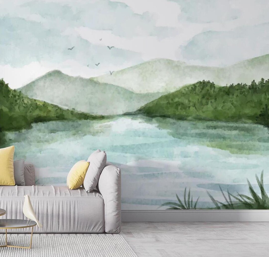 Watercolor Lake Landscape Wallpaper, Serene Nature Wall Mural With ...