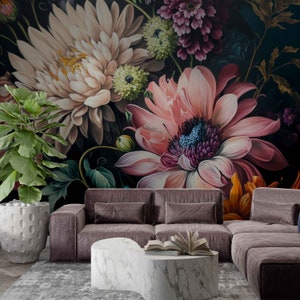 Dunkle Blumen Tapete Stimmungsvolle Botanische Wandmalerei, Vintage Abziehbar Großformatige Blumen, Abnehmbare Wanddeko Elegante Akzentwand