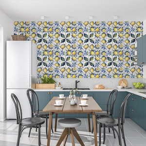 Citroentegelbehang Citroen- en bladpatroon Helder mozaïekontwerp voor keuken, eetkamer, mediterraan behang