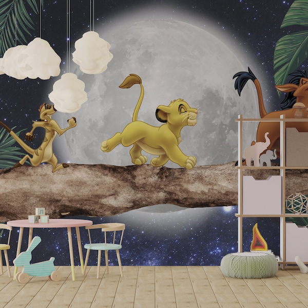 Moon Themed Lion King Cartoon Wallpaper , 3D Lion King Themed Wallpaper , Children's Room Wallpaper Cute Animals , Lion King Wallpaper