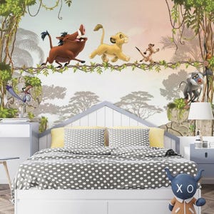 Safari Dschungel Kinder Tapete, Cartoon Tiere Wandbild mit Löwenbaby und Freunden, Selbstklebende Dekoration für Kinderzimmer