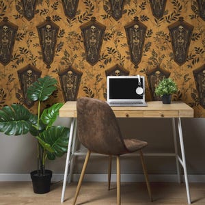 Halloween Wall Art Gothic Skeleton Coffin Wallpaper with Vintage Skull Motif Halloween Horror Decor for Haunted Room Wallcovering