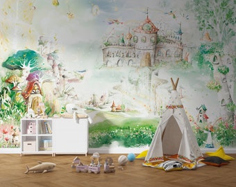 Watercolor Vinyl Look Kids Wallpaper , Magic Design Castle Wallpaper , Fairy Cartoon Wallpaper For Nursery , Fairy Tale Look Nursery Mural