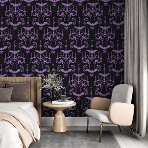 Gothic Bat Chandelier Wallpaper Dark Victorian Wallpaper Peel & Stick Wall Mural Purple Spooky Halloween Haunted House Decor