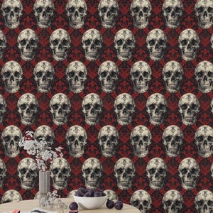 Halloween Vintage Gothic Wall art Skull Wallpaper, Red and Black Damask Pattern, Perfect for Halloween and Alternative Dark Home Decor