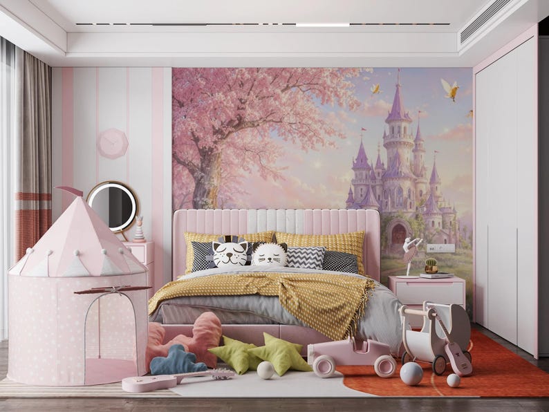 Princess Castle Cherry Blossom Forest Wallpaper Mural, Pink Nursery ...