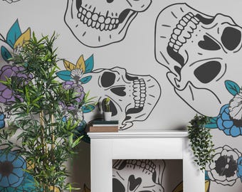 Floral Skull Halloween Wallpaper, Gothic Boho Peel and Stick Wall Mural