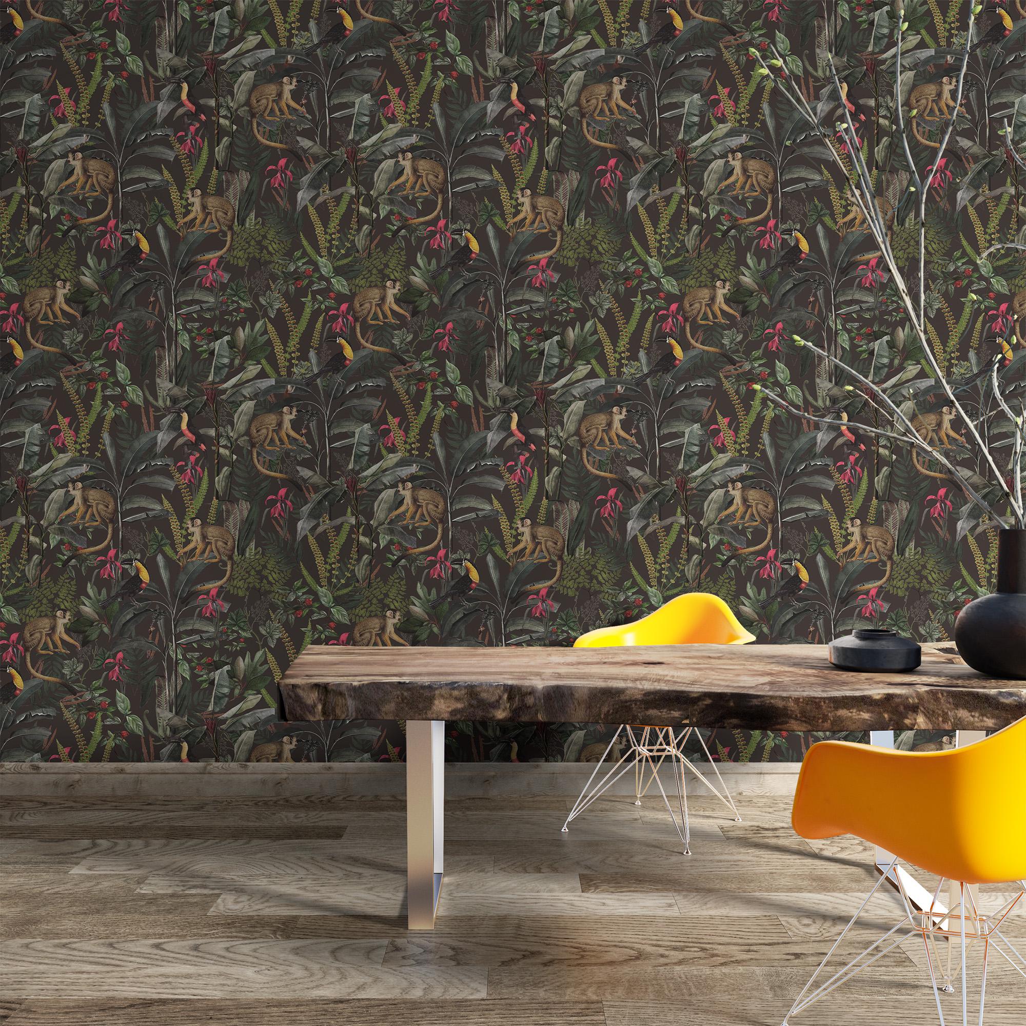 Dark Tropical Jungle Wallpaper With Monkeys and Birds, Exotic Peel and ...