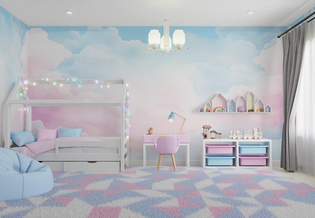 Pastel Clouds Kids Room Wallpaper Peel and Stick, Nursery Soft Colors ...