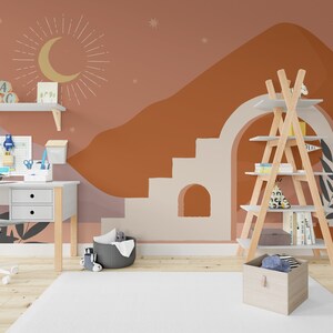Papier peint design lune et étoile, papier peint lune et montagne sur le thème bohème, papier peint lune à rayures géométriques, papier peint de salon