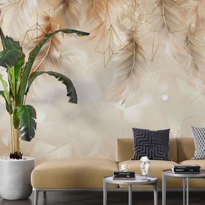 Feather Wallpaper with Gold Accents, Luxury Wall Mural, Elegant Feather Pattern, Soft Beige Peel and Stick Decor, Glamorous Home Wall Decor