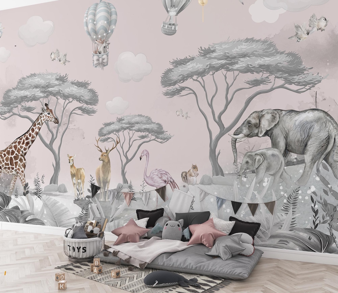 Safari Animal Nursery Wallpaper – Peel and Stick Kids Room Mural - Etsy