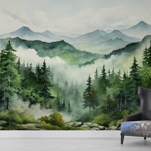 Peel and Stick Kids Wall Mural - Self Adhesive Pine Tree & Mountain Nursery Wallpaper Forest Decor
