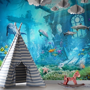 Carta da parati per bambini Underwater World - Murale di pesci e città sommersa, decorazione murale adesiva per delfini