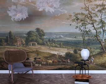 Vintage Countryside Wallpaper Mural, Pastoral Farmhouse Decor