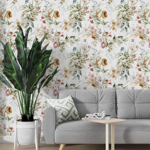 Elegant Watercolor Floral Wallpaper, Vintage Removable Peel and Stick Wall Mural, Self-Adhesive Botanical Wall Decor for Bedroom