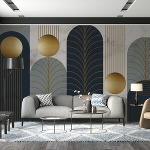Modern Geometric Wallpaper with Details in Gold Color, Geometric Circle and Striped Design Wall Mural, Lines and Shape in Navy Blue Tones