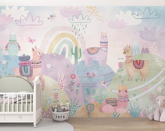 Llama Nursery Wallpaper, Rainbow Mural, Boho Alpaca & Cactus, Playroom Decor (Peel and Stick)