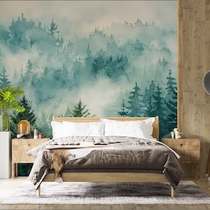 Misty Blue Forest Watercolor Wall Mural, Serene Pine Tree Removable Wallpaper, Calming Nature Peel and Stick Decor for Walls