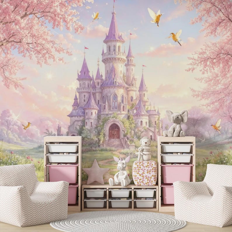 Princess Castle Cherry Blossom Forest Wallpaper Mural, Pink Nursery ...