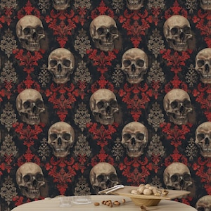 Halloween Wall Art Covering , Removable Gothic Skull Wallpaper, Self-Adhesive Red and Black Damask Wall Mural, Dark Horror Home Decor,