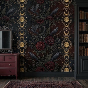 May include: Dark, gothic-style wallpaper featuring a repeating pattern of black ravens, red roses, and gold crescent moons. The wallpaper creates a dramatic backdrop for a room with a dark red dresser, mirror, and a bookshelf filled with books.