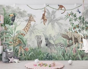 May include: A jungle-themed wall mural featuring a giraffe, toucan, zebra, elephant, monkey, and leopard. The mural has a watercolor style with lush green foliage and palm trees. A toucan is perched on a branch, and a monkey hangs from a vine.