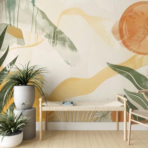 Carta da parati adesiva botanica astratta, murale moderno con foglie, decorazione da parete organica boho, stampa naturalistica rimovibile, design personalizzato boho