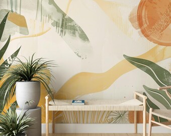 Abstract Botanical Wallpaper, Modern Leaf Wall Mural, Peel and Stick