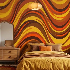 May include: A bedroom with a retro-style design. The walls feature a wavy pattern in shades of brown, orange, and yellow. The room includes a bed with yellow bedding, a wooden dresser with a mirror, and a bookshelf with books and decorative items.