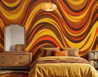 Retro abstract wall art print, groovy wave pattern in mustard orange and brown for vintage modern decor