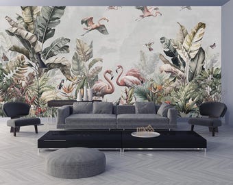 Tropical Flamingo Wallpaper Mural, Exotic Bird Botanical Decor, Peel and Stick