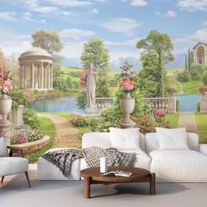 Neoclassical Garden Wall Mural, Romantic Floral Landscape Wallpaper, Temple and Statue Scene, Peel and Stick Renaissance Decor