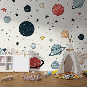 Space Wallpaper Removable Kids Room Mural, Self-Adhesive Galaxy Wall Decor with Cartoon Planets, Stars Custom Astronaut Theme Peel and Stick