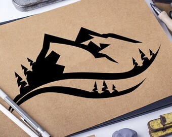 Mountain Svg Hand Drawn | Mountain Scene Silhouette | Camping Outdoors Adventure Cricut | Mountain Silhouette Cutting File | Landscape Logo