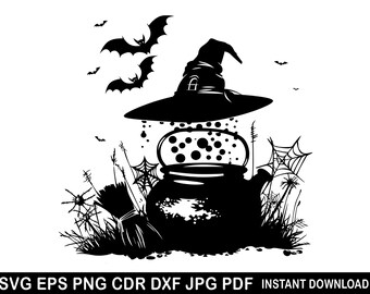Caldero con humo (Svg), silueta de bruja de Halloween (Svg), murciélagos (Cricut), olla de bruja (Svg), sombrero de bruja (Svg), poción de bruja (Svg), tiempo espeluznante