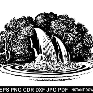 Waterfall Forest Mountain Scene Vector Silhouette Clipart Svg Eps Png Dxf Decor Decal Cutting File Logo Cricut Cameo