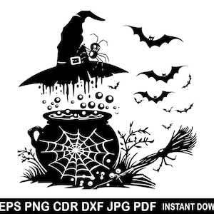 Halloween Cauldron svg, Witch Potion Silhouette, Bats vector, Witch Hat clipart, Cauldron dxf png, Witches Cauldron svg, Halloween Decor